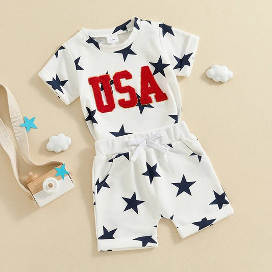 Baby Toddler Boys 2Pcs USA 4th of July Clothes Set Short Sleeve Embroidery Letters Top with Stars Print Shorts Outfit - Wearebambino - WHITE - 3 - 6 M - United States - Baby Toddler Boys 2Pcs USA 4th of July Clothes Set Short Sleeve Embroidery Letters Top with Stars Print Shorts Outfit