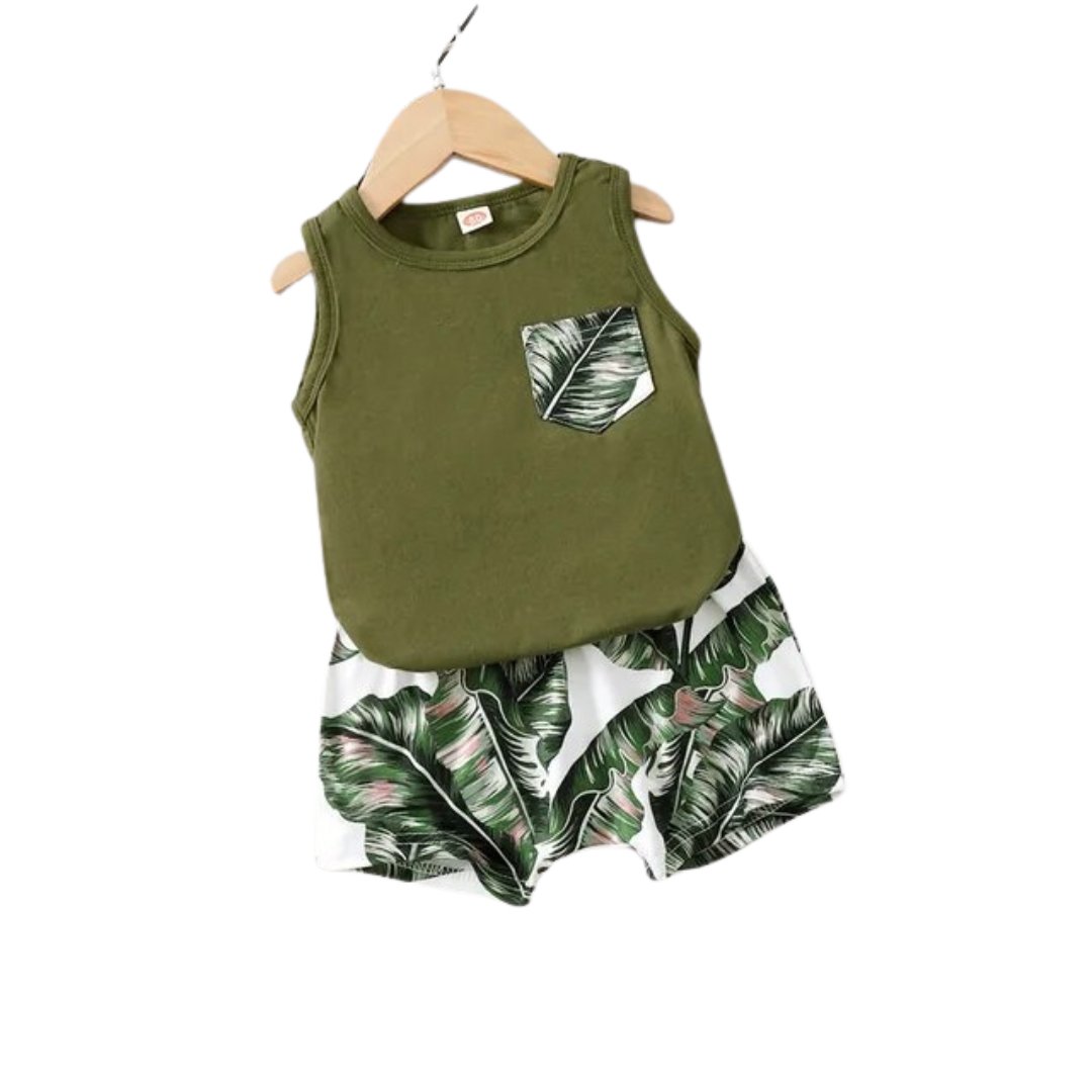 Boho Chic Tank & Leafy Shorts set - Wearebambino - Khaki - 12 - 18 M - Boho Chic Tank & Leafy Shorts set