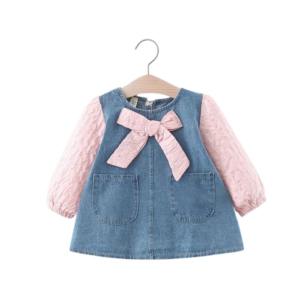 Bow Denim Dress for Baby Girls - Wearebambino - Pink - 18 M - Bow Denim Dress for Baby Girls