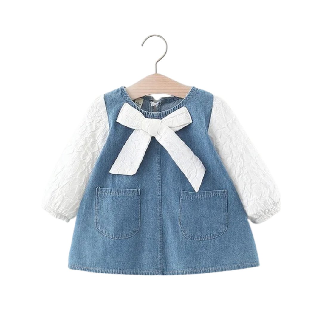 Bow Denim Dress for Baby Girls - Wearebambino - White - 18 M - Bow Denim Dress for Baby Girls