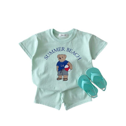 Cartoon Bear Cotton Two - Piece Set for Kids - Wearebambino - Green - 9 M - Cartoon Bear Cotton Two - Piece Set for Kids