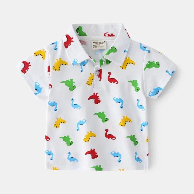 Cartoon Dinosaur Print Boys Polo Shirt - Wearebambino - White - 2T - Cartoon Dinosaur Print Boys Polo Shirt