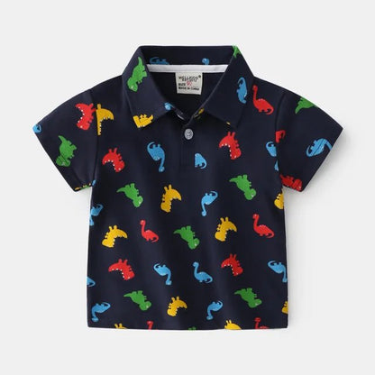 Cartoon Dinosaur Print Boys Polo Shirt - Wearebambino - Dark Blue - 2T - Cartoon Dinosaur Print Boys Polo Shirt