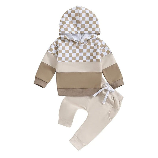 Checkered Hoodie Solid Pants Baby Set - Wearebambino - 3 - 6 M - Checkered Hoodie Solid Pants Baby Set