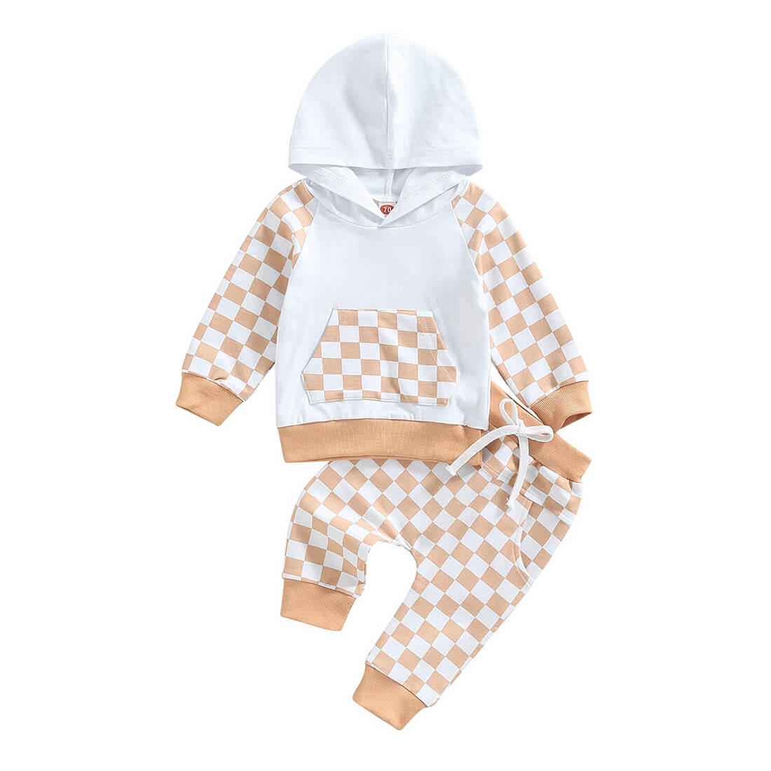 Checkered Pants Hooded Toddler Set - Wearebambino - Khaki - 9 - 12 M - Checkered Pants Hooded Toddler Set