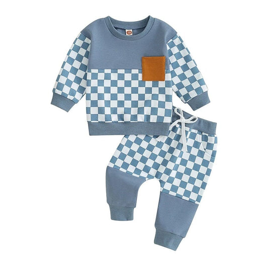 Color Block Checkered Pocket Baby Set - Wearebambino - Blue - 3 - 6 M - Color Block Checkered Pocket Baby Set