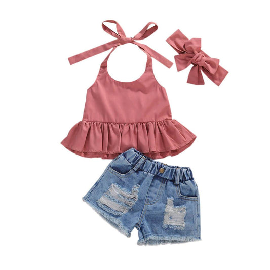 Crop Top Denim Shorts Toddler Set - Wearebambino - 2T - Crop Top Denim Shorts Toddler Set