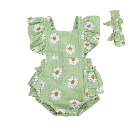 Daisies Baby Romper - Wearebambino - Green - 3 - 6 M - Daisies Baby Romper