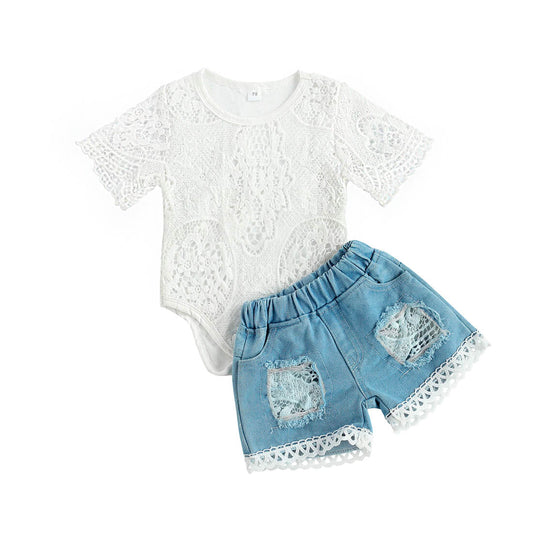 Denim Shorts Lace Baby Set - Wearebambino - 3 - 6 M - Denim Shorts Lace Baby Set