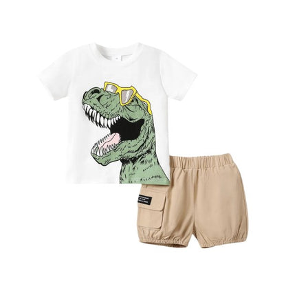 Dino Cargo Shorts Set - Wearebambino - White - 18 - 24 M - Dino Cargo Shorts Set