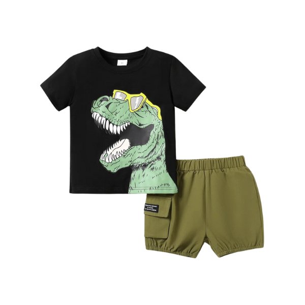 Dino Cargo Shorts Set - Wearebambino - Khaki - 18 - 24 M - Dino Cargo Shorts Set