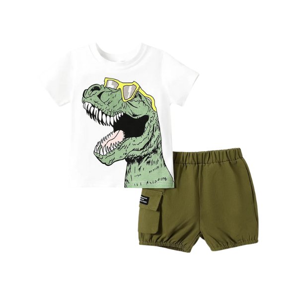 Dino Cargo Shorts Set - Wearebambino - Khaki - 18 - 24 M - Dino Cargo Shorts Set