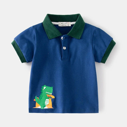 Dino Print Polo for Boys - Summer Casual Tee - Wearebambino - Dark Blue - 2T - Dino Print Polo for Boys - Summer Casual Tee