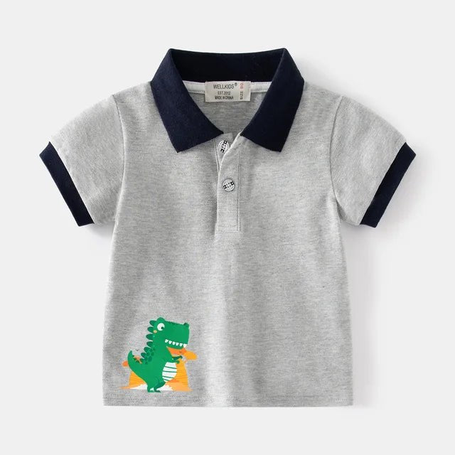 Dino Print Polo for Boys - Summer Casual Tee - Wearebambino - Grey - 2T - Dino Print Polo for Boys - Summer Casual Tee