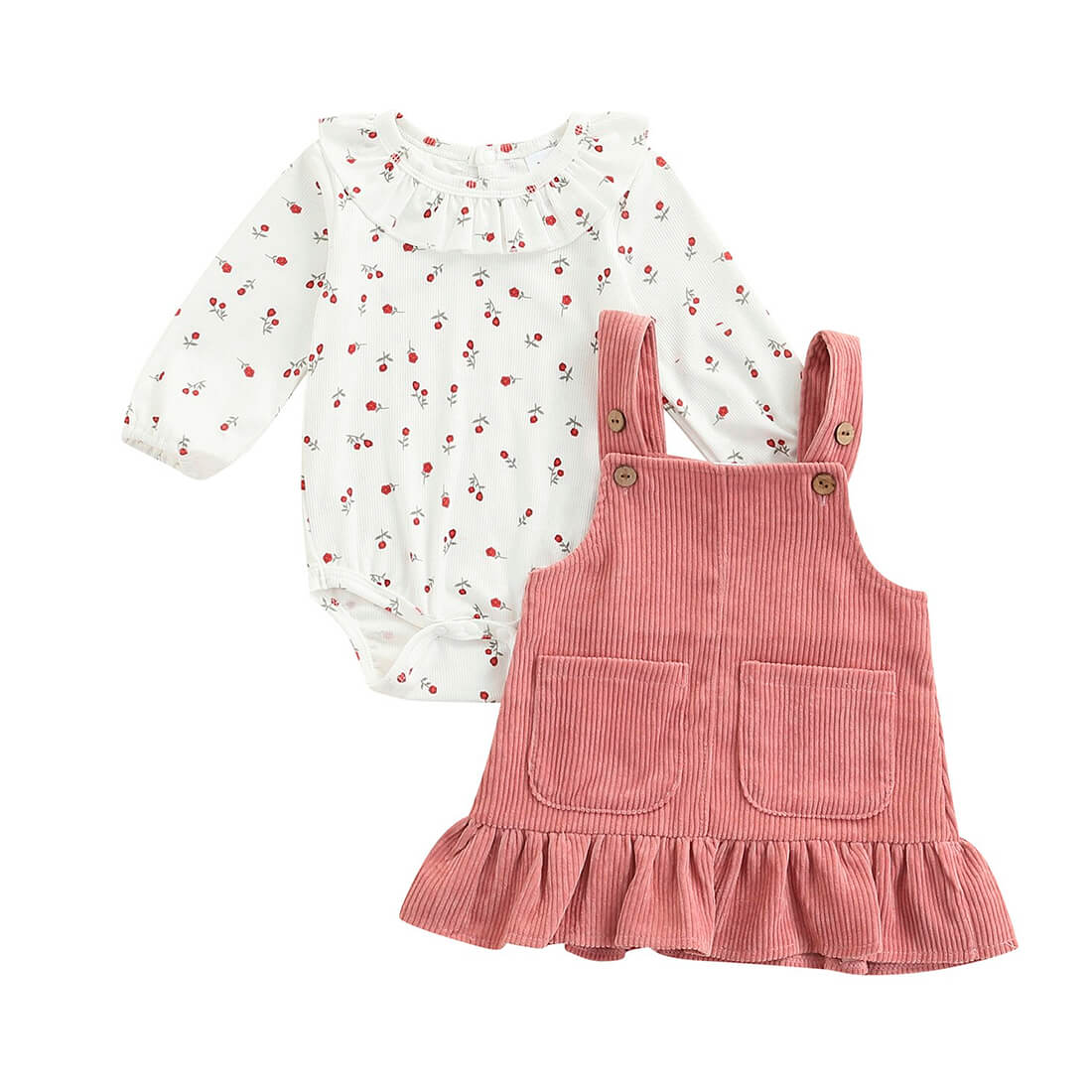 Floral Corduroy Ruffled Baby Set - Wearebambino - 0 - 3 M - Floral Corduroy Ruffled Baby Set