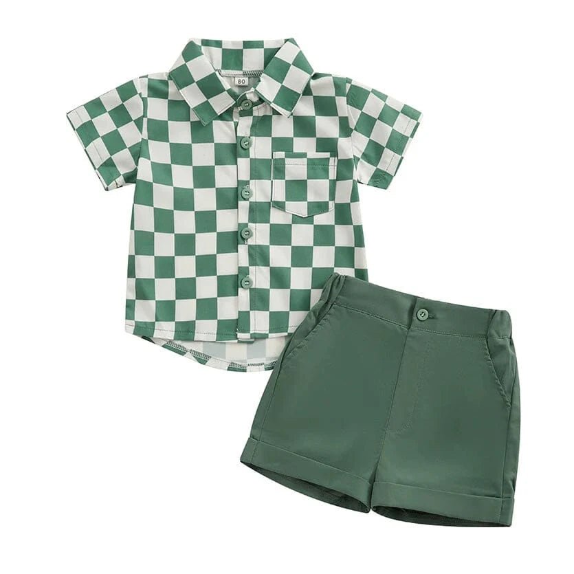 Gentleman Checkered Shirt Toddler Set - Wearebambino - Green - 9 - 12 M - Gentleman Checkered Shirt Toddler Set