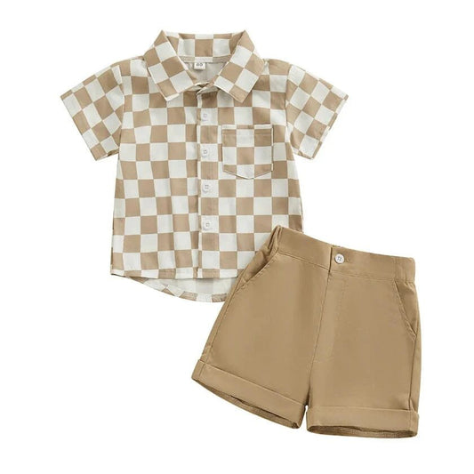 Gentleman Checkered Shirt Toddler Set - Wearebambino - Khaki - 9 - 12 M - Gentleman Checkered Shirt Toddler Set