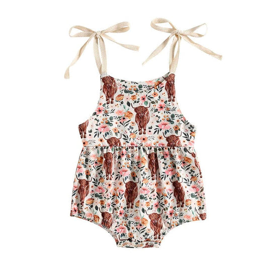 Highland Cow Floral Baby Romper - Wearebambino - 0 - 3 M - Highland Cow Floral Baby Romper