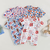 Kid Girl Boy Romper Ribbed Summer Short Sleeve Round Neck Bull / Plaid / Balloon / Fireworks Print Jumpsuit - Wearebambino - Blue Flag Bull - 3 M - United States - Kid Girl Boy Romper Ribbed Summer Short Sleeve Round Neck Bull / Plaid / Balloon / Fireworks Print Jumpsuit