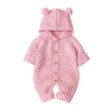 Knitted Bear Ears Baby Jumpsuit - Wearebambino - Pink - 3 - 6 M - Knitted Bear Ears Baby Jumpsuit