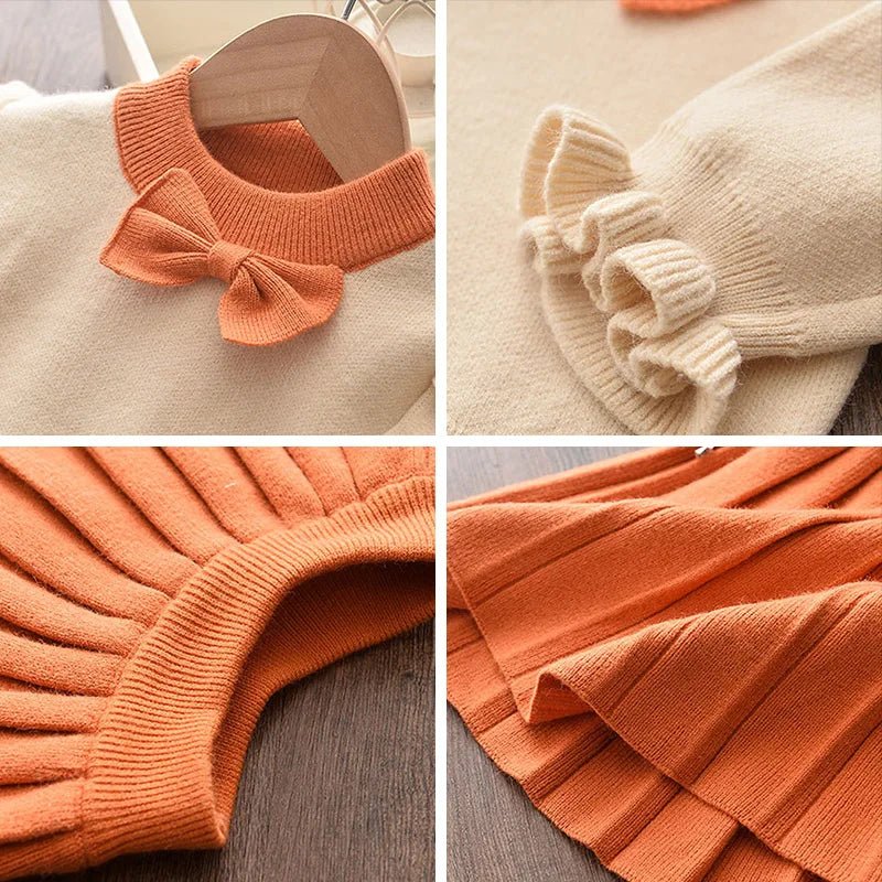 Knitted Princess 2pcs Girls' Winter Dress - Wearebambino - Orange - 2T - Knitted Princess 2pcs Girls' Winter Dress