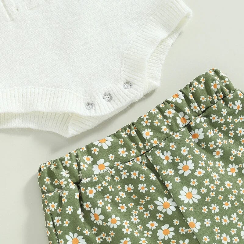 Knitted Top Floral Flared Pants Baby Set - Wearebambino - 3 - 6 M - Knitted Top Floral Flared Pants Baby Set