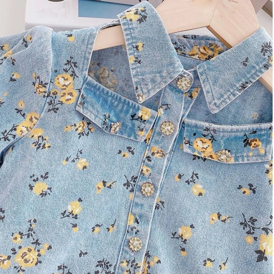 Korean Style Flower Denim Set for Girls - Wearebambino - Blue - 2T - Korean Style Flower Denim Set for Girls