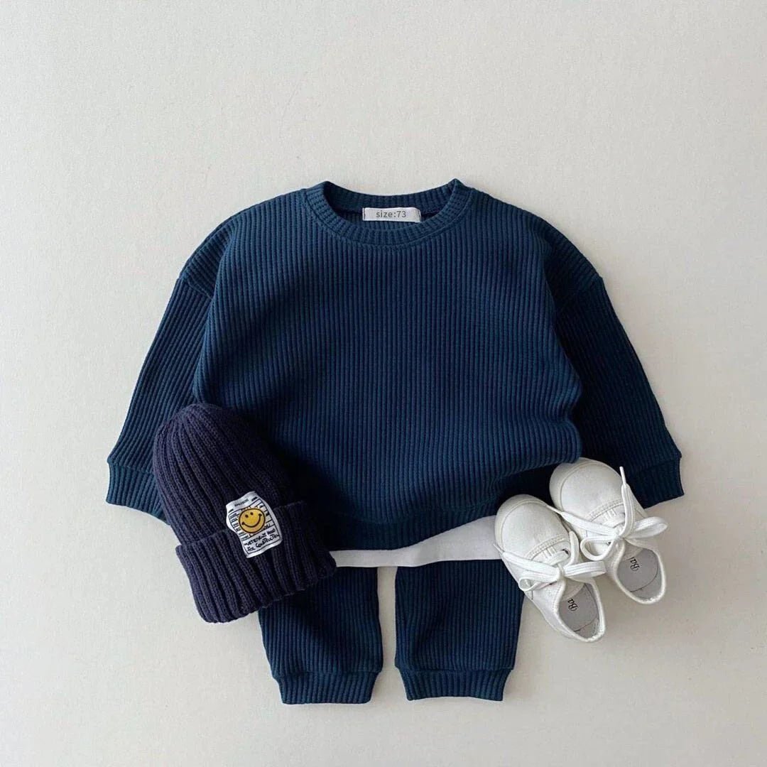 Korean Waffle Cotton Kids Tracksuit Set / Boys - Wearebambino - Navy - 18 - 24 M - Korean Waffle Cotton Kids Tracksuit Set / Boys