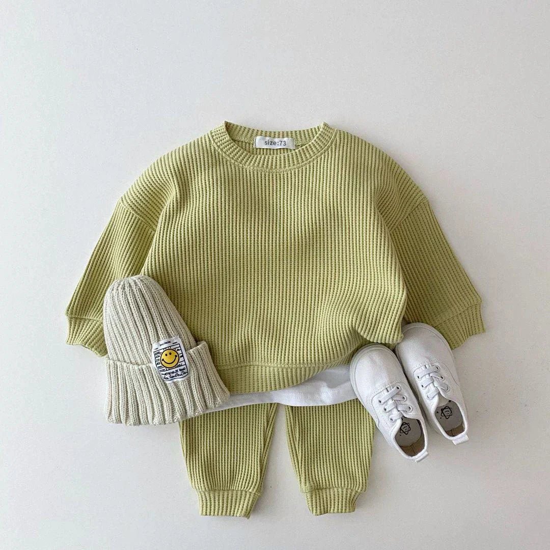 Korean Waffle Cotton Kids Tracksuit Set / Boys - Wearebambino - Khaki - 18 - 24 M - Korean Waffle Cotton Kids Tracksuit Set / Boys