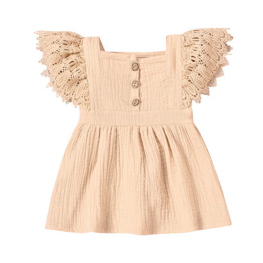 Lace Solid Party Baby Dress - Wearebambino - Beige - 0 - 3 M - Lace Solid Party Baby Dress