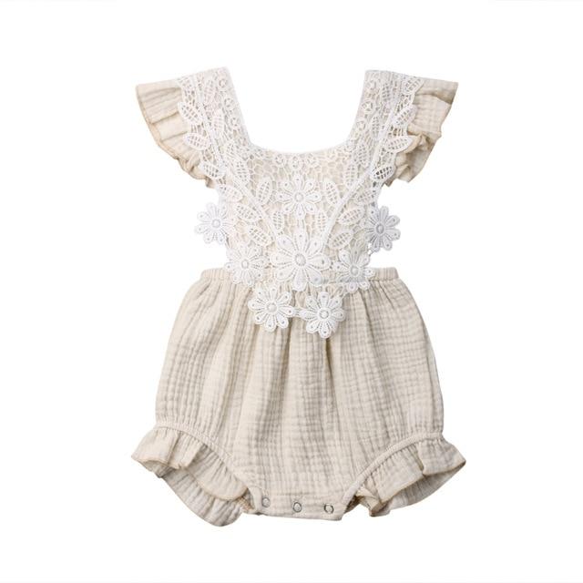 Lace Vintage Baby Romper - Wearebambino - Beige - 0 - 3 M - Lace Vintage Baby Romper