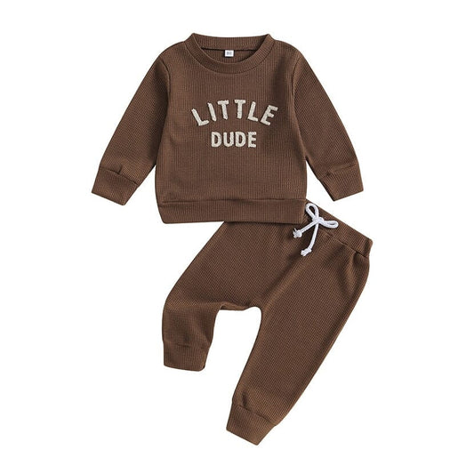 Little Dude Waffle Toddler Set - Wearebambino - Brown - 9 - 12 M - Little Dude Waffle Toddler Set