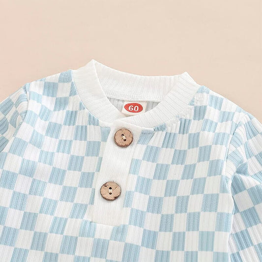 Long Sleeve Blue Checkered Baby Set - Wearebambino - 0 - 3 M - Long Sleeve Blue Checkered Baby Set