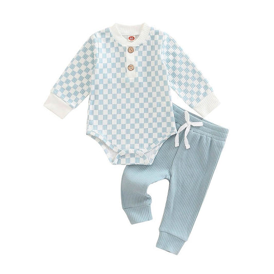 Long Sleeve Blue Checkered Baby Set - Wearebambino - 0 - 3 M - Long Sleeve Blue Checkered Baby Set