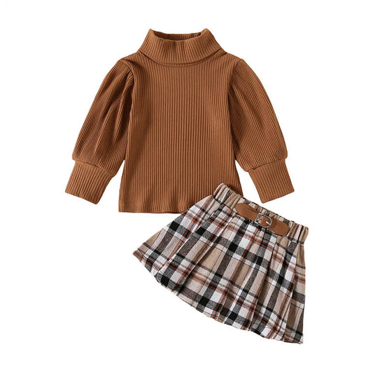 Long Sleeve Brown Plaid Skirt Toddler Set - Wearebambino - 12 - 18 M - Long Sleeve Brown Plaid Skirt Toddler Set