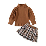 Long Sleeve Brown Plaid Skirt Toddler Set - Wearebambino - 12 - 18 M - Long Sleeve Brown Plaid Skirt Toddler Set