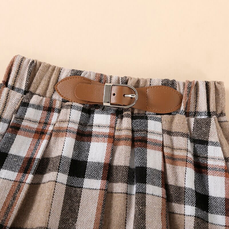 Long Sleeve Brown Plaid Skirt Toddler Set - Wearebambino - 12 - 18 M - Long Sleeve Brown Plaid Skirt Toddler Set