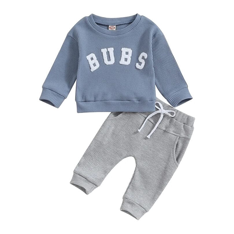 Long Sleeve Bubs Waffle Baby Set - Wearebambino - Blue - 3 - 6 M - Long Sleeve Bubs Waffle Baby Set