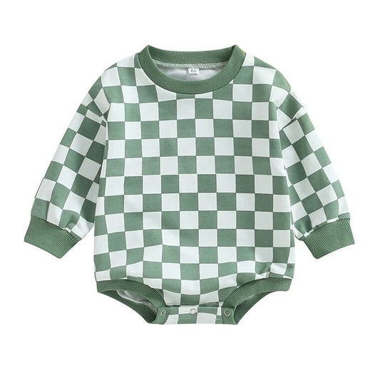 Long Sleeve Checkered Baby Bodysuit - Wearebambino - Green - 3 - 6 M - Long Sleeve Checkered Baby Bodysuit