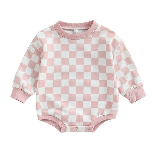 Long Sleeve Checkered Baby Bodysuit - Wearebambino - Pink - 3 - 6 M - Long Sleeve Checkered Baby Bodysuit