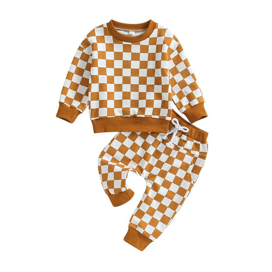 Long Sleeve Checkered Toddler Set - Wearebambino - Orange - 9 - 12 M - Long Sleeve Checkered Toddler Set