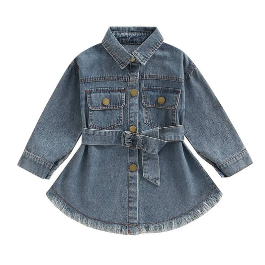 Long Sleeve Denim Waistband Toddler Dress - Wearebambino - 2T - Long Sleeve Denim Waistband Toddler Dress