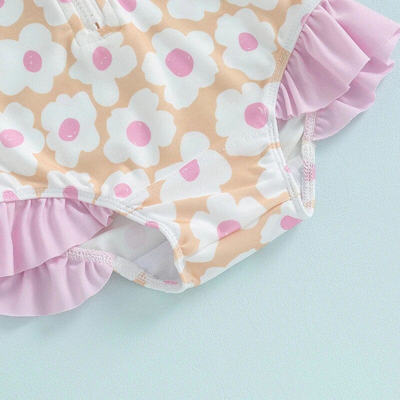 Long Sleeve Floral Ruffles Toddler Swimsuit - Wearebambino - 6 - 9 M - Long Sleeve Floral Ruffles Toddler Swimsuit