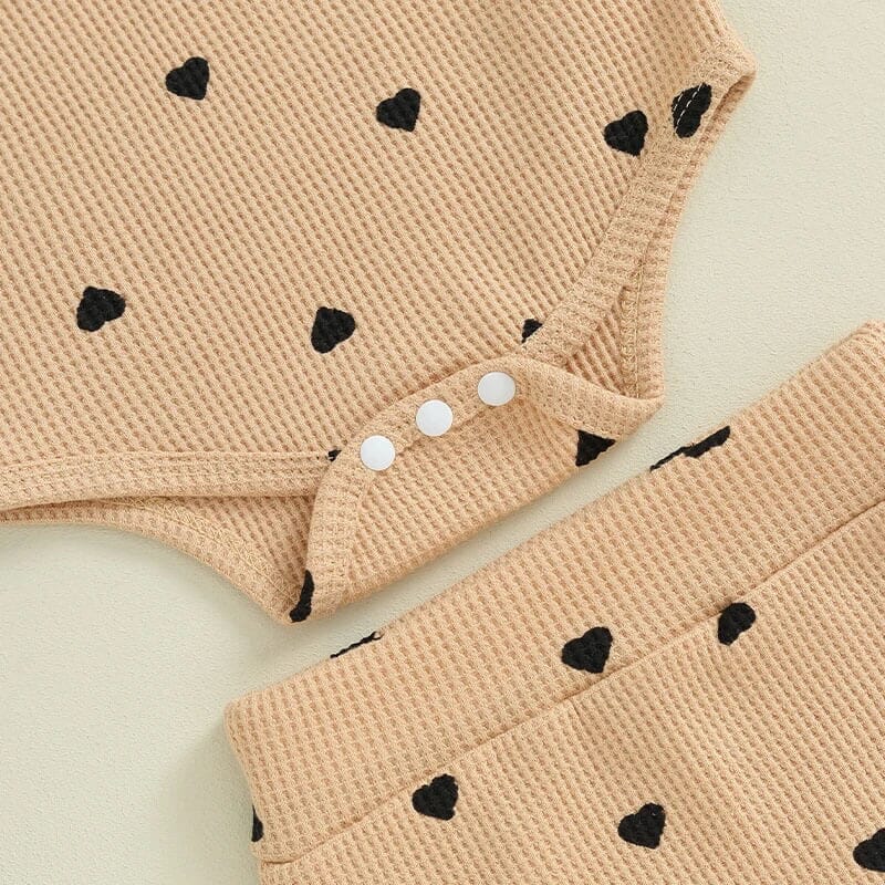 Long Sleeve Hearts Waffle Baby Set - Wearebambino - Khaki - 0 - 3 M - Long Sleeve Hearts Waffle Baby Set