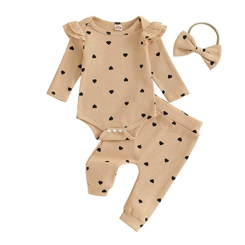 Long Sleeve Hearts Waffle Baby Set - Wearebambino - Khaki - 0 - 3 M - Long Sleeve Hearts Waffle Baby Set