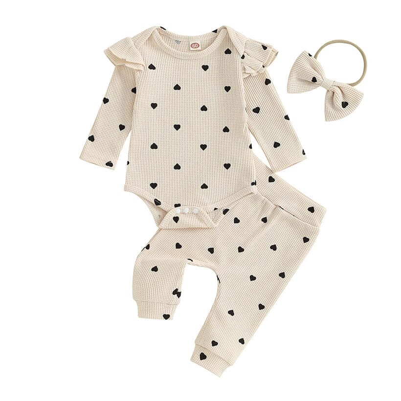 Long Sleeve Hearts Waffle Baby Set - Wearebambino - Beige - 0 - 3 M - Long Sleeve Hearts Waffle Baby Set