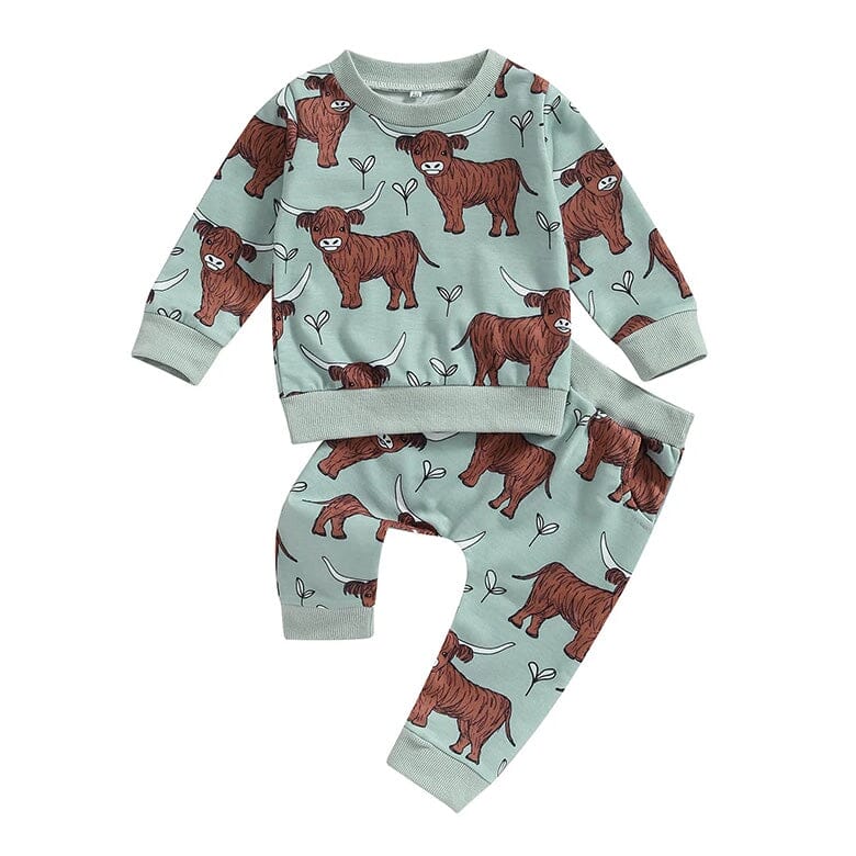 Long Sleeve Highland Cow Baby Set - Wearebambino - Green - 9 - 12 M - Long Sleeve Highland Cow Baby Set