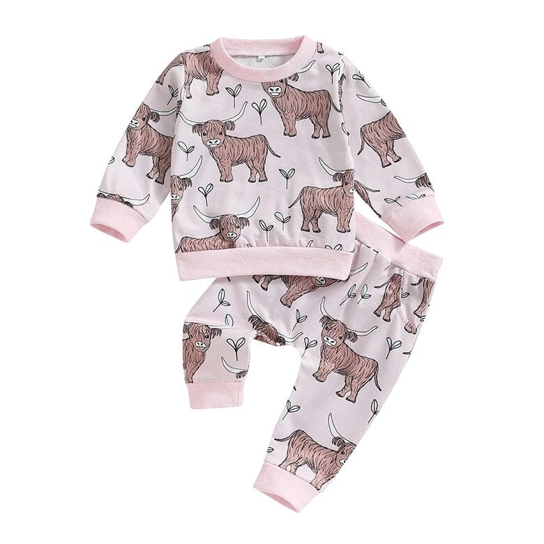 Long Sleeve Highland Cow Baby Set - Wearebambino - Pink - 9 - 12 M - Long Sleeve Highland Cow Baby Set