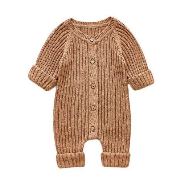 Long Sleeve Knitted Baby Jumpsuit - Wearebambino - Beige - 3 - 6 M - Long Sleeve Knitted Baby Jumpsuit