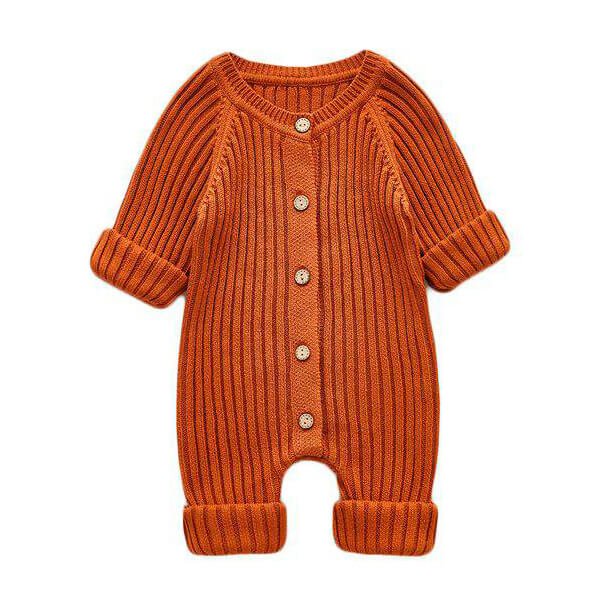 Long Sleeve Knitted Baby Jumpsuit - Wearebambino - Orange - 3 - 6 M - Long Sleeve Knitted Baby Jumpsuit